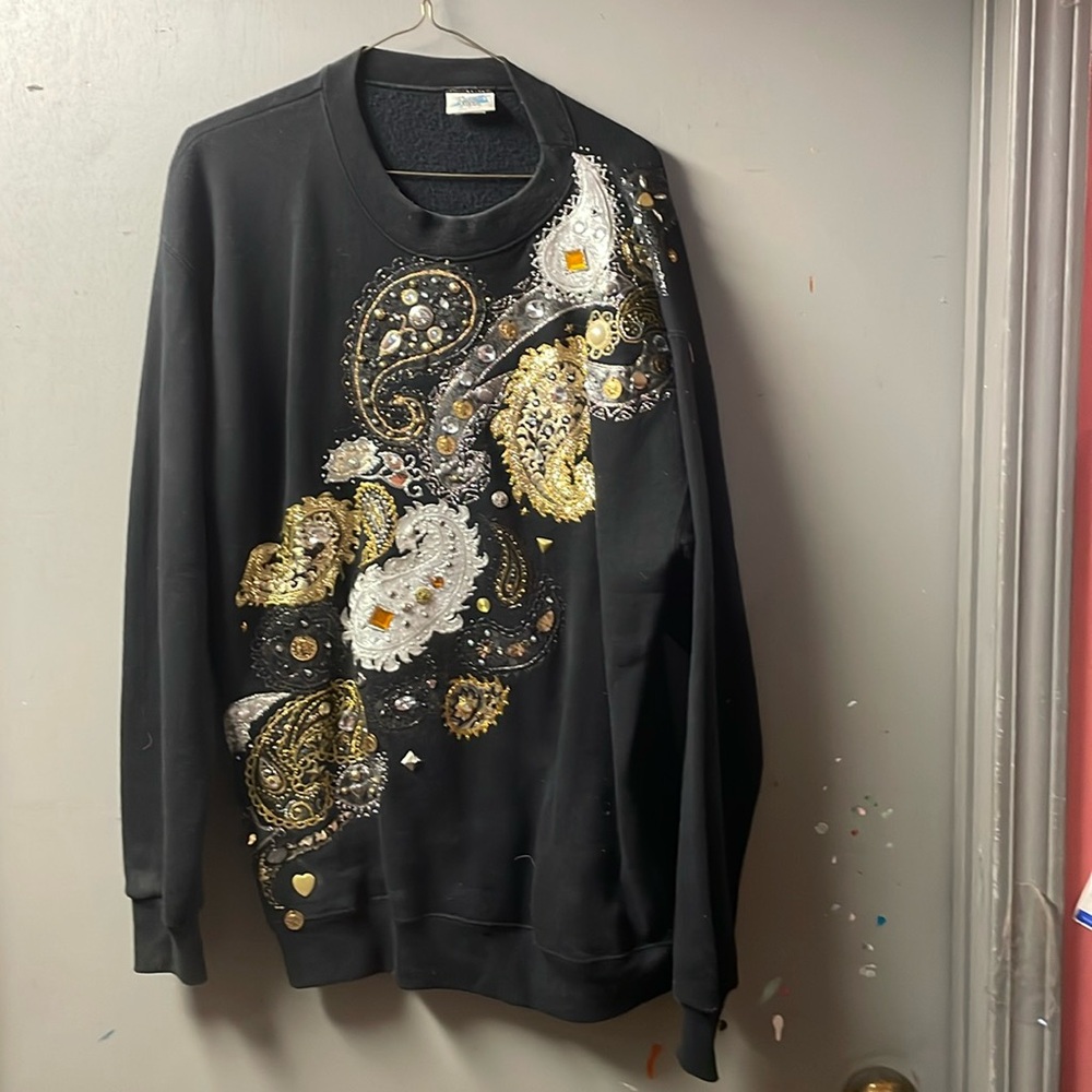 Vintage Sweats and Surf XL Grannycore Sweatshirt, Black Bling Bedazzled